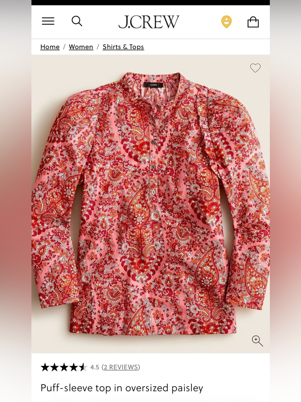 J. Crew Pink and Red Paisley Long-Sleeve Blouse
